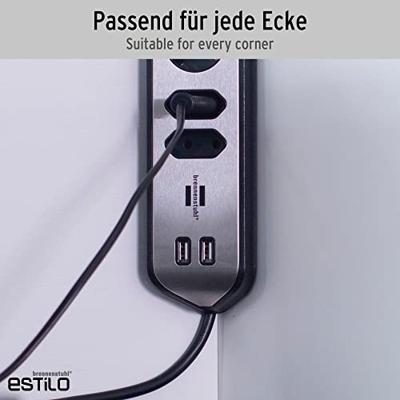 Estilo hoekaansluitdoosstrook met USB laadfunctie 6-weg 4x beschermend contactdoos & 2x Euro zilver/zwart Estilo hoekaansluitdoosstrook met USB laadfunctie 6-weg 4x beschermend contactdoos & 2x Euro zilver/zwart