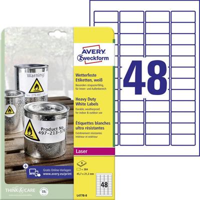 Avery-Zweckform L4778-8 Weerbestendige etiketten 45.7 x 21.2 mm Polyester folie Wit 384 stuk(s) Permanent hechtend Laser (kleur), Laser (zwart/wit), Kopiëren Avery-Zweckform L4778-8 Weerbestendige etiketten 45.7 x 21.2 mm Polyester folie Wit 384 stuk(s) Permanent hechtend Laser (kleur), Laser (zwart/wit), Kopiëren