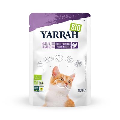 Yarrah Biologisch kattenvoer in saus, 14 x 85 g, gourmet filets in gelei met kalkoen, van 100% biologische teelt, zakje voor vochtige voeding voor alle volwassen kattenrassen