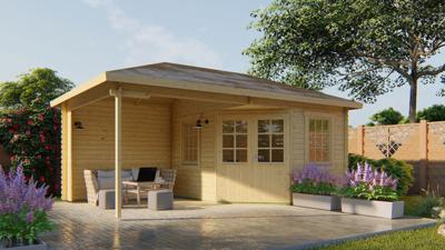 Blokhut Christoffer 300x350 cm + luifel 275 cm - Bruin geïmpregneerd- Puntdak- Geïmpregneerd vurenhout- Tuindeco