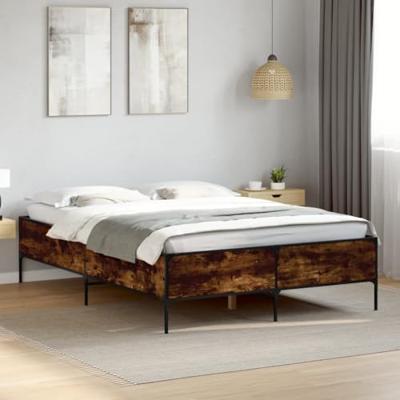Bedframe bewerkt hout metaal gerookt eikenkleurig 135x190 cm