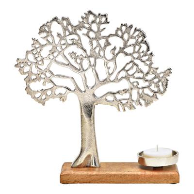 Theelichthouder boom op sokkel van metaal/mangohout, zilver (B/H/D) 31x33x8cm