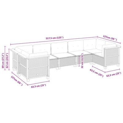 7-delige Loungeset met kussens poly rattan grijs