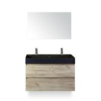 Maxx XL Badmeubelset 100 cm - Craft Oak - Wastafel Kube Zwart 2 kraangaten - met Spiegel - thumbnail