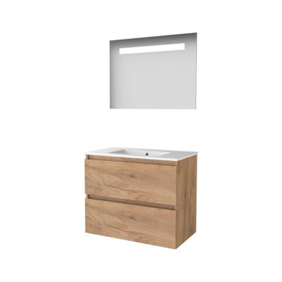 Basic-Line Economic 46 Badkamermeubelset - 80 x 46 cm - Greeploos - 2 Lades - Keramische Wastafel - 1 Kraangat - Spiegel met LED Verlichting - Whisky Oak