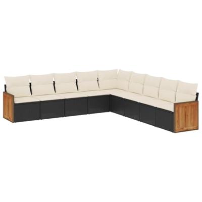 9-delige Loungeset met kussens poly rattan zwart