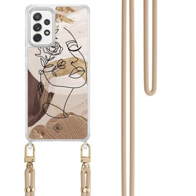 Samsung Galaxy A52(s) hoesje met beige koord - Abstract gezicht bruin Samsung Galaxy A52(s) hoesje met beige koord - Abstract gezicht bruin