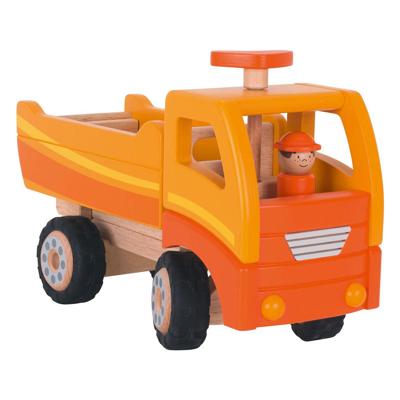 Goki houten kiepwagen oranje met draaibare wielen Goki houten kiepwagen oranje met draaibare wielen