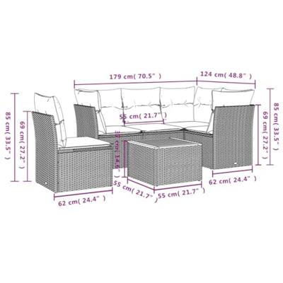 6-delige Loungeset met kussens poly rattan zwart
