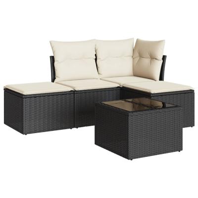 5-delige Loungeset met kussens poly rattan zwart - thumbnail