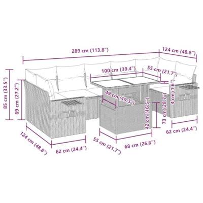 8-delige Loungeset met kussens poly rattan grijs