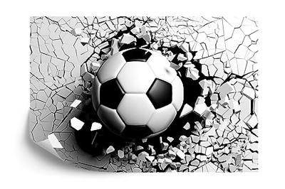 Fotobehang - Voetbal komt door de muur, zwart/wit, te koop in 11 maten, incl behanglijm