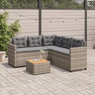 Tuinbank met tafel en kussens L-vormig poly rattan grijs