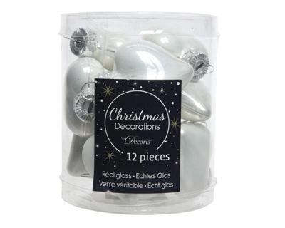 12 Glazen hartjes 40 mm winter wit - Decoris