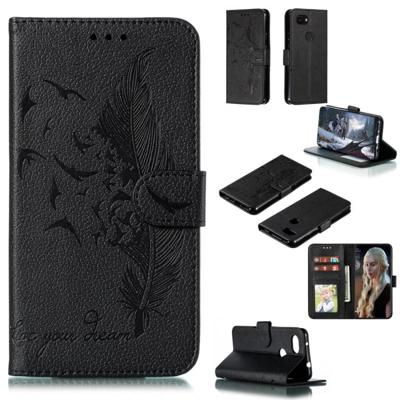 Feather patroon Litchi textuur horizontale Flip lederen draagtas met portemonnee & houder & kaartsleuven voor Google pixel 3a (zwart)