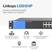 Linksys LGS124P-EU 24-poorts onbeheerde Gigabit PoE-netwerkswitch met 12 PoE+-poorten, 120 W, voor bedrijven, kantoor, IP-beveiliging - Ethernet-switch/hub met metalen behuizing - thumbnail