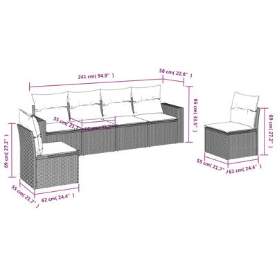 6-delige Loungeset met kussens poly rattan grijs