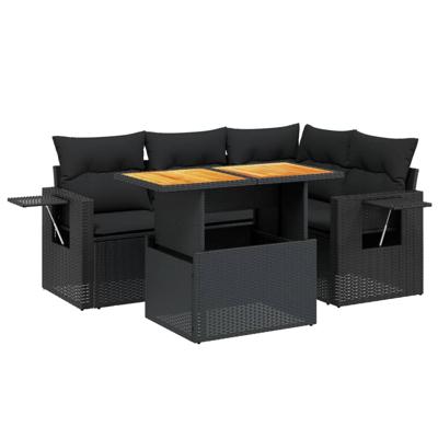5-delige Loungeset met kussens poly rattan zwart