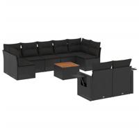 10-delige Loungeset met kussens poly rattan zwart - thumbnail