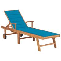 Ligbed met blauw kussen massief teakhout - thumbnail