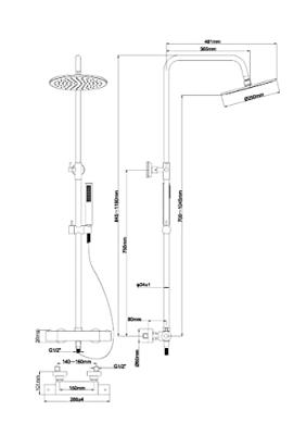 Regendouche set Wiesbaden Caral | Opbouw | Thermostaatkraan | 2-weg | Rond | Geborsteld messing PVD
