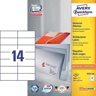 Avery Zweckform 3653, Universele etiketten, Ultragrip, wit, 200 vel, 14 per vel, 105 x 42,3 mm Avery Zweckform 3653, Universele etiketten, Ultragrip, wit, 200 vel, 14 per vel, 105 x 42,3 mm