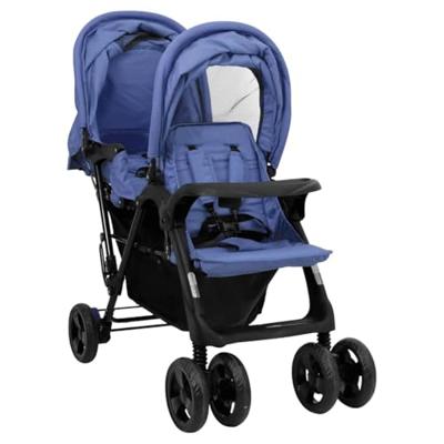 VidaXL Tweelingkinderwagen tandem staal marineblauw - thumbnail