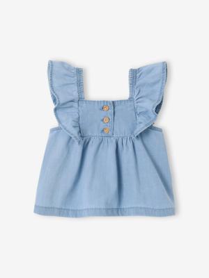 Blouse met korte, geruite mouwen voor baby's in licht denim gebleekt denim Blouse met korte, geruite mouwen voor baby's in licht denim gebleekt denim