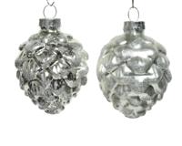 Decoris Kerstballen glas dennenappel 6st Zilver 5x7cm - thumbnail