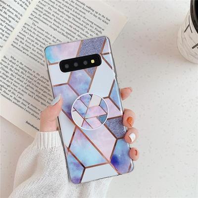 Voor Galaxy S10 plus plating kleurrijke geometrische patroon mozaïek marmer TPU mobiele telefoon geval met opvouwbare beugel (blauw PF4)