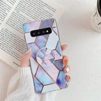 Voor Galaxy S10 plus plating kleurrijke geometrische patroon mozaïek marmer TPU mobiele telefoon geval met opvouwbare beugel (blauw PF4) - thumbnail