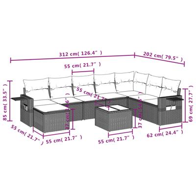 8-delige Loungeset met kussens poly rattan zwart