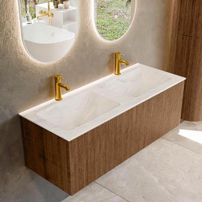Mondiaz KURVE-DLUX 120 cm Onderkast Greeploos 1 Lade Zonder Deuren Walnut, Wastafel Solid Surface Dubbel Ostra 2 Kraangaten Zonder Spiegel (KRVLEA1201L0D2KD-Wal/Ost)