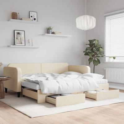 Slaapbank met onderschuifbed en lades 90x200 cm stof crèmekleur