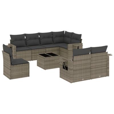 9-delige Loungeset met kussens poly rattan grijs
