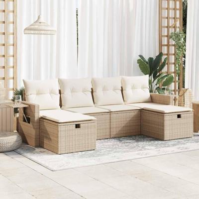 6-delige Loungeset met kussens poly rattan beige