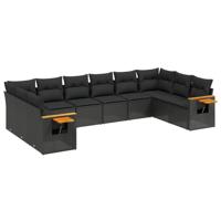 10-delige Loungeset met kussens poly rattan zwart - thumbnail