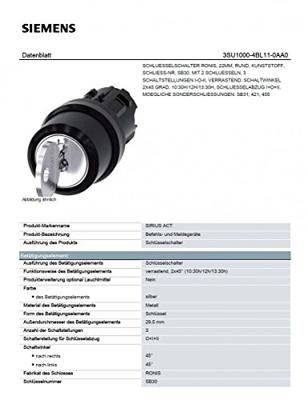 Siemens 3SU10004BL110AA0 3SU1000-4BL11-0AA0 Sleutelschakelaar Kunststof frontring Zwart 2 x 45 ° 1 stuk(s)