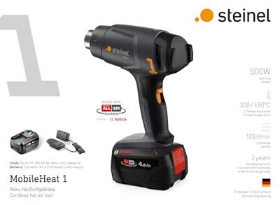 Steinel 088071 HEISSLUFTGEBLAESE AKKU MH 1 SET 4AH LG Accuheteluchtpistool 500 W Incl. accu, Incl. lader