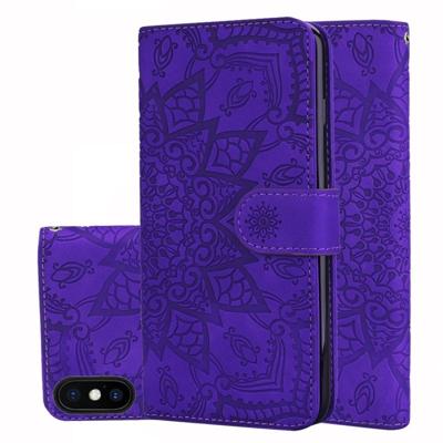Kalf patroon dubbele vouwen ontwerp reliëf lederen draagtas met portemonnee & houder & kaartsleuven voor iPhone XS/X (paars)