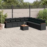 10-delige Loungeset met kussens poly rattan zwart - thumbnail
