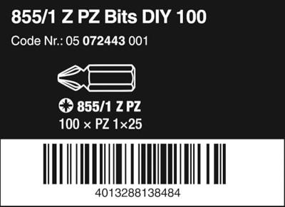 Wera 855/1 Z Bits Pozidriv, PZ 1 x 25 mm (100 Bits pro Box) - 1 stuk(s) - 05072443001 Wera 855/1 Z Bits Pozidriv, PZ 1 x 25 mm (100 Bits pro Box) - 1 stuk(s) - 05072443001