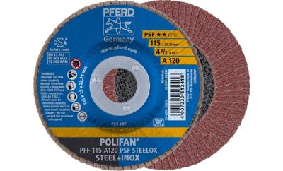 PFERD TOOLS 67649115 PFF 115 A 120 PSF STEELOX Lamellenschijf Diameter 115 mm Boordiameter 22.23 mm Korrelgrootte (num) 120 RVS, Staal 10 stuk(s)