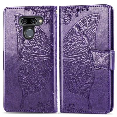 Butterfly Love bloemen reliëf horizontale Flip lederen case voor LG K50 met houder & kaartsleuven & portemonnee & Lanyard (Drak paars)