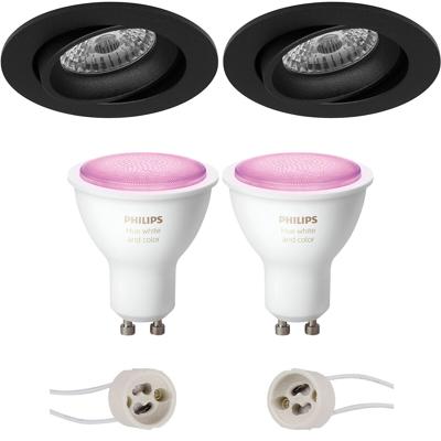 Pragmi Delton Pro - Inbouw Rond - Mat Zwart - Kantelbaar - Ø82mm - Philips Hue - LED Spot Set GU10 - White and Color Ambiance - Bluetooth