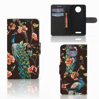 Motorola Moto C Plus Telefoonhoesje met Pasjes Pauw met Bloemen Motorola Moto C Plus Telefoonhoesje met Pasjes Pauw met Bloemen