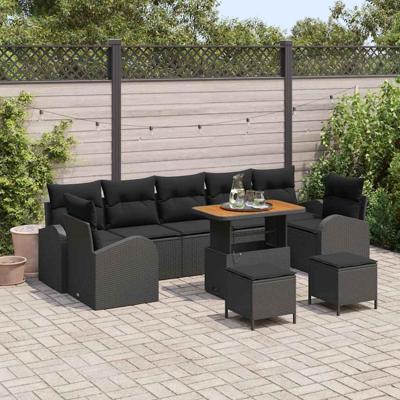 Tuinbankenset met kussen 10 pcs Zwart poly rattan