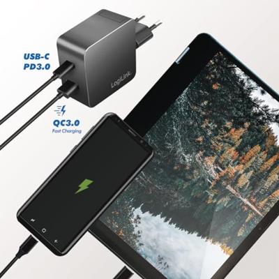 LogiLink Dubbele USB-oplader, 1 x USB-A, 1 x USB-C, GaN (galliumnitrid) voor hoge efficiëntie tot 45 W, PPS-opladen (programmeerbare voeding), PowerDelivery & QuickCharge