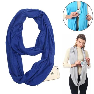 Vrouwen Solid winter Infinity Scarf Pocket lus rits zak sjaals (blauw)