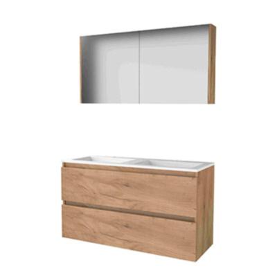 Basic-Line Comfort 46 Badkamermeubelset - 120 x 46 cm - Greeploos - 2 Lades - Acryl Wastafel - 2 Kraangaten - Spiegelkast - Whisky Oak